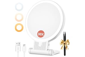 Auxmir Espejo Maquillaje con Luz, 30X/1X Aumento de Doble Cara, Espejo 72 Leds 3 Colores de Luz, 2000 mAh con USB Pinza, Colgar Pared Brillo Regulable para Bolso Viajes, Blanco