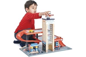 Tender Leaf Toys Blue Bird Service Station - Petrol Station and Parking Garage with Helicopter, 3 Cars, Wooden
