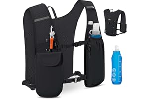 RAINSMORE Zaino Trail Running per Uomo e Donna con Borraccie Morbide 500ml,5L Zaino Idratazione Gilet Running Zaino da Corsa per Maratona Jogging Ciclismo Escursione (Tutto nero)