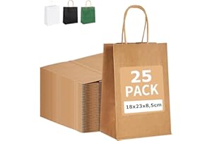 PAKNOR® 25stk Braun Papiertüten mit Henkel - 18 x 21 x 8 cm, Papiertragetasche mit Kordelgriff, Geschenktüten, Kraftpapiertüte, DIY Adventskalender (Braun - 25 Stück)