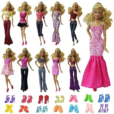 ZITA ELEMENT®10pcs= 5pc Blouse / Pantalons /Robe Vêtements Tenues Loisirs+ 5 Chaussures Pour Poupée Barbie Noël Cadeau - Ramdon Style