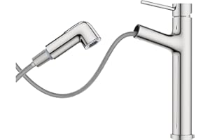 HURRAN Rubinetto Bagno Lavabo, Miscelatore Alto per Lavabo, Miscelatore Estraibile con 2 Modalità di Erogazione, Rubinetto Bagno Monocomando in Acciaio Inox, Cromo