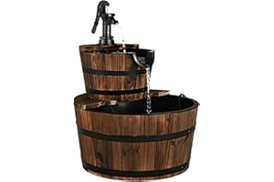 FANTASK Ø 44,5cm Brunnen Holz, Gartenbrunnen Holzbrunnen mit Wasserpumpe, Holzfass für Garten