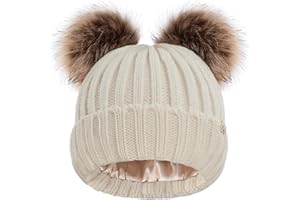 Hat Hut Bonnet Enfant d'hiver Doubles Pompons, Bonnet Doublé en Satin pour Cheveux, bébé Chaud Chapeau Tricoté Doux Beanie Garçons Filles