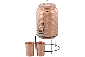 SHANKAR & SONS 5 Litre Copper Water Dispenser with Stand and 2 Glasses | BPA Free, Non-Toxic | Hammered Texture, Rustproof & Durable | with Added Health Benefits of Copper