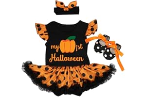 FYMNSI Newborn Infant Baby Girl My 1st Halloween Outfit Flutter Sleeve Pumpkin Bowknot Tutu Princess Polka Dots Romper Dress + Headband + Shoes 3pcs Party Festival Clothes Set for 0-18M