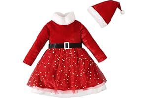 RAOPUZI Vestido Navidad Bebe Niña Terciopelo Disfraz Navidad Bebe Disfraces Papa Noel Bebe Disfraz Mama Noel Ropa Navidad Traje Rojo Vestido Navideño de Malla Lentejuelas con Cintura CeñIda con Diadema