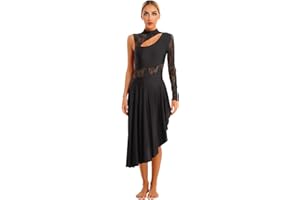 Alvivi Damen Eiskunstlauf Kleid Ballett Trikot Tanzbody mit Asymmetrisch Rock Single Langarm Ballettanzug Tango Lyrisch Kleid Modern Latein Tanzkleid