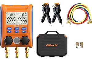 Elitech Set de Manomètres Frigorigène Manomètres Numériques Réfrigérant Climatisation pour Pression Température Vide et Fuites, Haute Précision pour Pompe à Chaleur HVAC Gauge LMG-10+