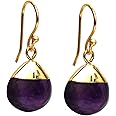 Gempires Natural Amethyst Electro-Plated Pear Cabochon Hook Earrings, Handmade Dangle Earrings for Women, 14k Yellow Gold Plated Hypoallergenic Jewelry, Everyday Wear (Amethyst)