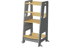 BEY&CO BEY & CO® Torre di Apprendimento/Osservazione in Legno – Learning Tower per Bambini – 3 Altezze Regolabili, Superficie Antiscivolo e Piedini Antiribaltamento - Metodo Montessori (Grigio)