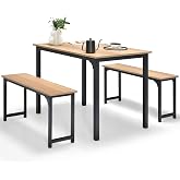 COSTWAY Dining Table Set with 2 Benches, 3 PCS Breakfast Table and Benches with Anti-slip Foot Pads, Space-Saving Kitchen Din