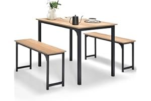 COSTWAY Dining Table Set with 2 Benches, 3 PCS Breakfast Table and Benches with Anti-slip Foot Pads, Space-Saving Kitchen Dinette Table Furniture Set for 4 People Small Space (Nature+Black)