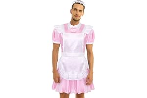 inlzdz Homme Sissy Robe de Chambre Satin Dentelle Déguisement Servante Sexy sous-vêtements Costume Soubrette Sexy Robe de Nuit Pyjamas Plaisir Halloween Carnaval M-XXL