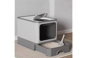 MINGYI Bac à Litière pour Chat Fermée, Grande Maison de Toilette Chat Pliable avec Couvercle, Tiroir à Litière avec Pelle, WC pour Chats, Jusqu'à 7 kg (Gris XL 51×35×38 cm)