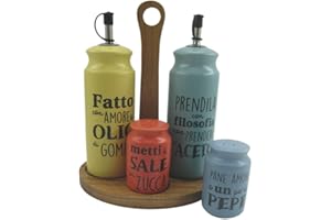 VILLA D'ESTE HOME TIVOLI Villa d’Este Home Tivoli Idee-Juego de condimentos de gres con Base de Madera, Multicolor, Oliera e acetiera: Ø 6,5 x h. 19 cm Dosasale e dosapepe: Ø 5 x h. 8 cm Stand: l. 19 x p. 16 x h. 22,5 cm