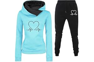 GENERICO Donna Tuta Sportiva Set Stampa Forma di Cuore Maniche Lunghe Felpa con Cappuccio e Jogging Pantaloni Invernale Abbigliamento Cotone Elegante Fitness Completo Sportivo Tuta Ginnastica 2 Pezzi Curvy