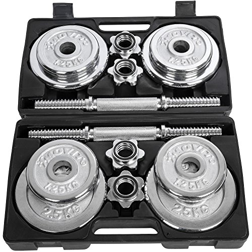 MOVIT® 20 kg Chrom Kurzhantel Set aus GUSSEISEN im Koffer, 2 Stück a 10kg, Stangen gerendelt 35 cm x Ø 3 cm STANDARDNORM mit Sternverschluss, inkl. 4x 2,5 kg + 4x 1,25 kg Hantelscheiben - 9
