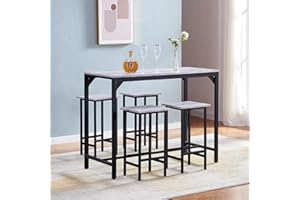BonChoice 5 Pieces Bar Dining Table and Stool Set 4, Bar Counter Height Dining Table Stool Set, Great for Breakfast Nook, Kitchen Room, Mini Bar Pub or Patio (White Marble Vein Tabletop)
