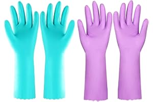 Eygood Latex Free Washing Up Gloves, Non-Slip Dishwashing Gloves with Cotton Lining Reusable Cleaning Gloves Household Gloves for Kitchen, Bathroom, Gardening (Blue+Purple 2 Pairs)