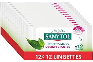 Sanytol - Lingettes Désinfectantes Hydratantes Mains - Bactéricide, Virucide, Fongicide - Sans Rinçage - Parfum Thé Vert - Format Compact Pratique - x 12 - Lot de 12