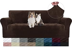 ‎YSTELLAA YSTELLAA Samt Sofa Überzug 3 Sitzer, Stretch Sofabezug, Sofaschoner rutschfest, Elastischer Couch Überzug, Sofa Cover Mit Armlehnen, Couchüberzüge Sofaschutz Katze, Dunkler Kaffee