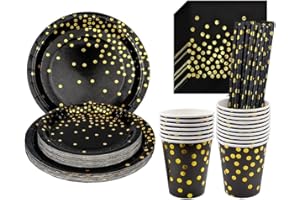 Kaqisen Set di Stoviglie per Feste, 96 pezzi Stoviglie per Feste, Con Bicchieri di Carta, Asciugamani di Carta, Piatti di Carta, Cannucce, per Compleanni, Anniversari, Matrimoni (Oro Nero)
