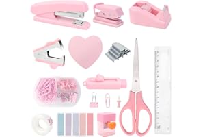 KXVXXV Bürobedarf Set Büro Zubehör Set Rosa Büroartikel Set mit Locher Tacker Schere Klebebandabroller Heftklammern Heftklammerentferner Radiergummi Clip Haftnotizen Klebeband