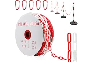 PUASOK Chaîne de Signalisation 25m, 6mm x 25m Délimitation Balisage en Plastique Rouge/Blanc avec 2 Mousquetons pour Délimiter Parkings, Chantiers, etc