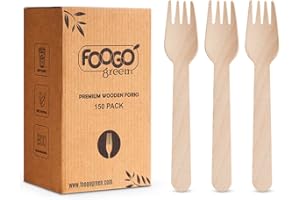 FOOGO Green Set de 150 Tenedores de Madera Desechables, Certificado FSC®, 16 cm, Compostable, Set de Cubiertos, Picnic, Set de Cubiertos de Bambú