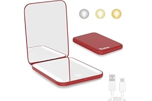 Kintion Rechargeable Pocket Mirror, 1X/3X Magnification LED Compact Travel Makeup Mirror, 3 Color Temperature, Dimmable, 400mAh, Portable Compact Mirror, Small Purse Mirrors for Women Gift, Wine Red