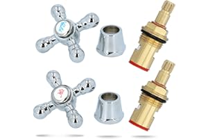 INSTALGURU 2 Paar Wasserhahngriff Set Keramik Oberteil Messing Ventiloberteil 1/2 Zoll Sanitär-Oberteil Mit Nostalgie Retro Griff Chrom Hot & Cold Rot Blau Wasserhahn Kartusche | Ersatzteile Armaturen Bad Küche