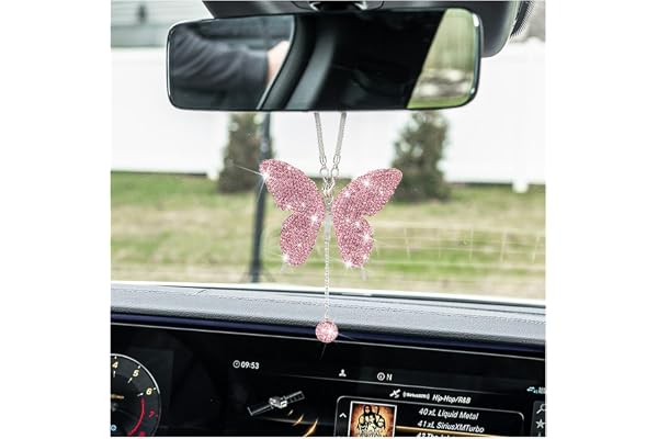 JNNJ Strass Ornements de Papillon pour Rétroviseur de Voiture, Charme en Cristal Suspendus de Rétroviseur, Décoration Pendentif Ornement Femmes Bling Accessoires pour Intérieur de Voiture(Rose)