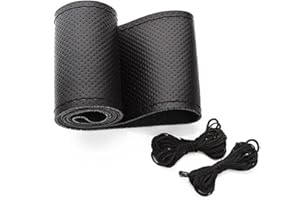 Onerbuy Universal Leather Car Steering Wheel Stitch on Wrap Cover DIY Couture Respirant et Anti-Glissement, 15 Pouces (Noir)