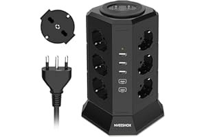 NVEESHOX Ciabatta Multipresa con 12 Prese Schuko (4000W 10/16A) & 2 USB-C (20W PD3.0) & 3 USB-A, IT Multipresa Verticale Protezione Sovratensione con Interruttore,Presa Multipla Cavo 2 M (Nero)