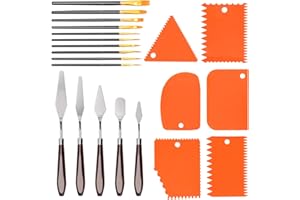 Swpeet Grattoir et palette de couteaux en plastique orange avec pinceau Pearlescent, kit d'outils de peinture, 5 couteaux palettes, 6 couteaux à gratter et 10 pinceaux Pearlescent, accessoires d'art