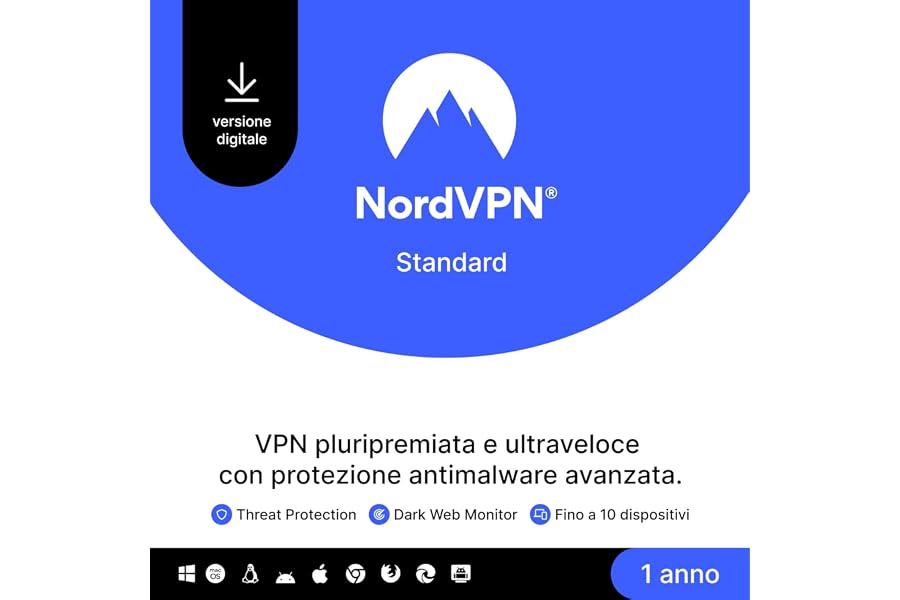 NordVPN Standard, 10 Dispositivi, 1-Anno, VPN e Cybersecurity, Codice Digitale