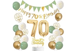 LOVECENTRAL 70 Jahre Geburtstag Dekoration für Männer und Frauen – Salbeigrün, Weiß und Gold Luftballons mit ‚Happy Birthday‘-Banner, Zahl 70 Ballon und Tortenaufleger für 70 Jahre Geburtstagsfeier-Deko (70)