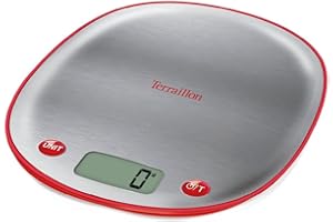 TERRAILLON Balance de Cuisine Électronique - Tare, Conversions Liquides, Poignée intégrée, Portée 5 kg, Précision 1g - Modèle 'Macaron Inox' Cerise