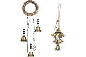 LUXIANDA Hexenglocken-Türanhänger, 2-teiliges Set – 2 Hexen-Windspiele für Türaufhänger, perfekte Handarbeit, natürlicher Kranz, Kunststoffperlen, Messingglocke und exquisites kleines Zubehör