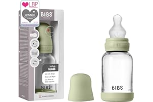 BIBS Baby Glass Bottle. Anticólicos. Tetina redonda de Silicona. Favorece la lactancia natural, 120ml, Complete Set - Sage