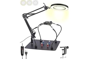 eSynic Lupa de Escritorio 8X con 72 Luces LED 2 en 1 Lámpara de Aumento con 10 Brillos Ajustables y 3 Colores, Rotación de 360°con 4 Fuertes Columnas Magnéticas y 4 Pinzas para Manualidades