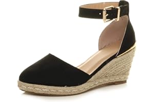 AJVANI Womens ladies mid wedge heel platform buckle up ankle strap espadrille sandals size