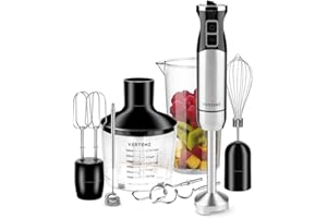 VERTENZ Titan 50 | Stabmixer Elektrischer | Mix- und Messbecher 860ml Zerkleinerer 600ml Schneebesen Wendelrührer Knethaken | 1400 W | Stahl-Mixfuß Titan Klingen | 8 Stufen plus Turbo | Schwarz