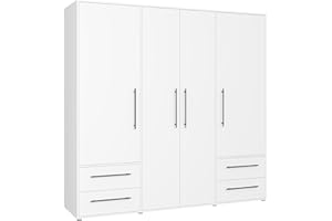 ‎FORTE FORTE Jupiter Schrank 200 210, weißer Kleiderschrank, Drehtürenschrank, 3-türig, mit 2 Schubladen und Einlegeböden, Weiß, 206 cm breit x 59 cm tief x 200 cm hoch