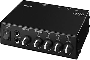 MONACOR IMG 252540 Stageline MMX-30 mikser audio w kolorze czarnym, kompaktowy 3-kanałowy mikser stereo liniowy z wspólnie regulowanymi wyjściami słuchawkowymi