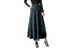Sanahy Womens High Elastic Waist Maxi Skirt A-line Plaid Winter Warm Flare Long Skirts Vintage Wool Skirt Midi Skirt with Pockets