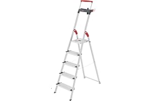 ‎HAILO Hailo L84 ComfortLine Alu-Sicherheits-Stehleiter - 5 XXL-Stufen belastbar bis 150 kg - Tiefe Standfläche & Haltegriff - Stehleiter mit Ablage - Aluleiter Made in Germany - Leiter rostfrei - Silber