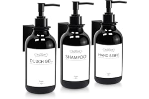 ROSELEE 3 Piezas Dispensador Jabon Baño Pared, Dispensador de Jabón para Cocina Sin Taladrar 500ml Dispensador Gel y Champu Ducha con 3 Soportes y Etiquetas Impermeables para Cocina y Baño