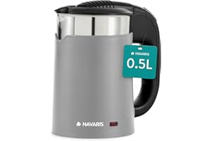 Navaris Bollitore Elettrico Piccolo da Viaggio - Mini Bollitore Acqua 500 ml in Acciaio Inox - Compatto per Ufficio e in Vacanza - 16 x 11 x 17 cm - 1100 Watt con 2 Tazze - Grigio